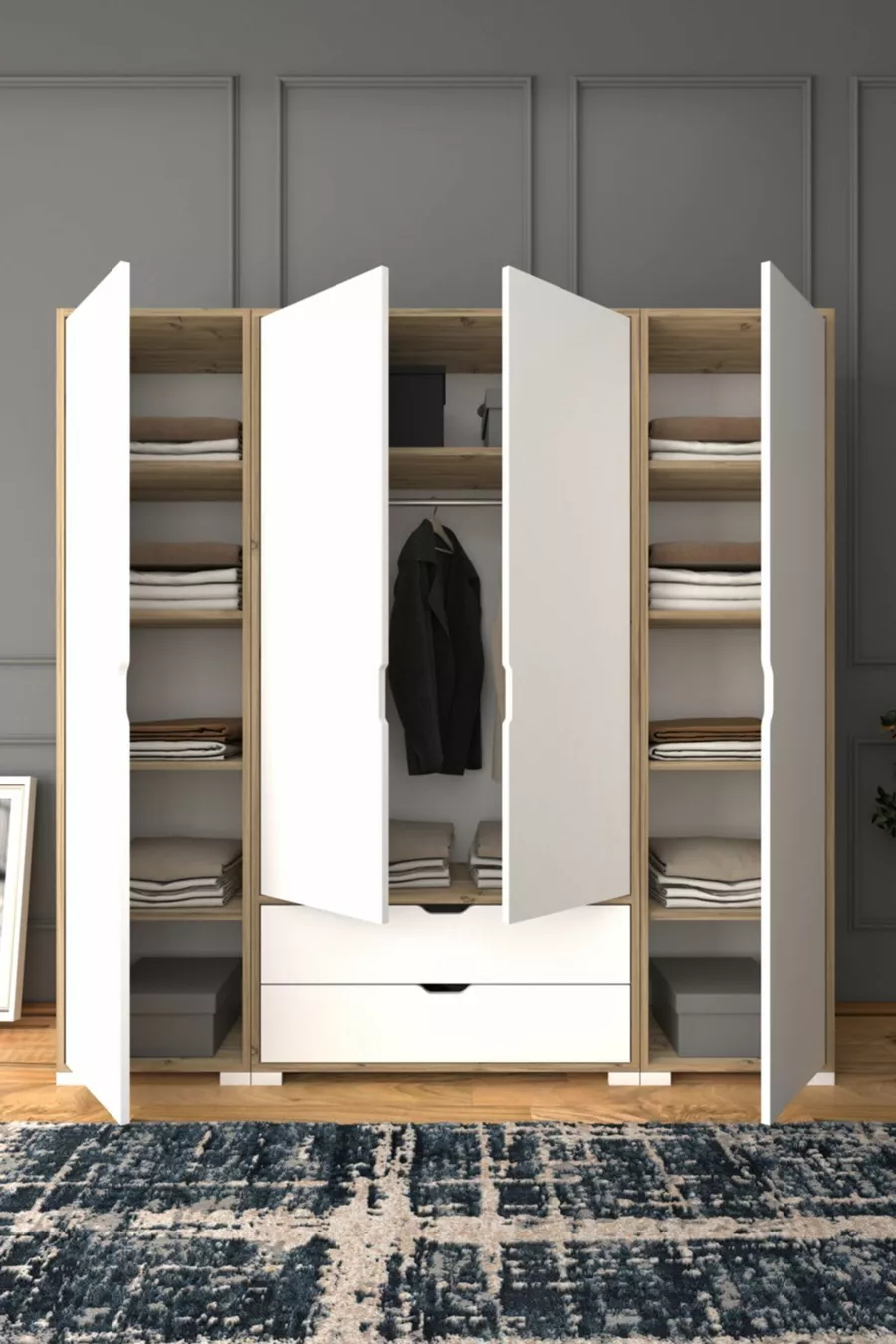 April Light Walnut-White 4-Door 2-Drawer Wardrobe - Closet Set