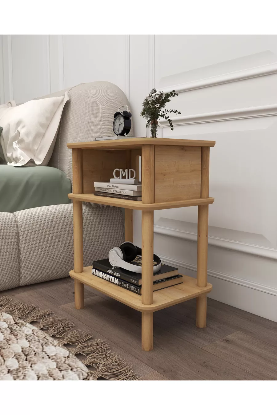 Comodino Linde Minimalista in MDF laccato e gambe in legno; Camera da letto - Soggiorno - Ufficio