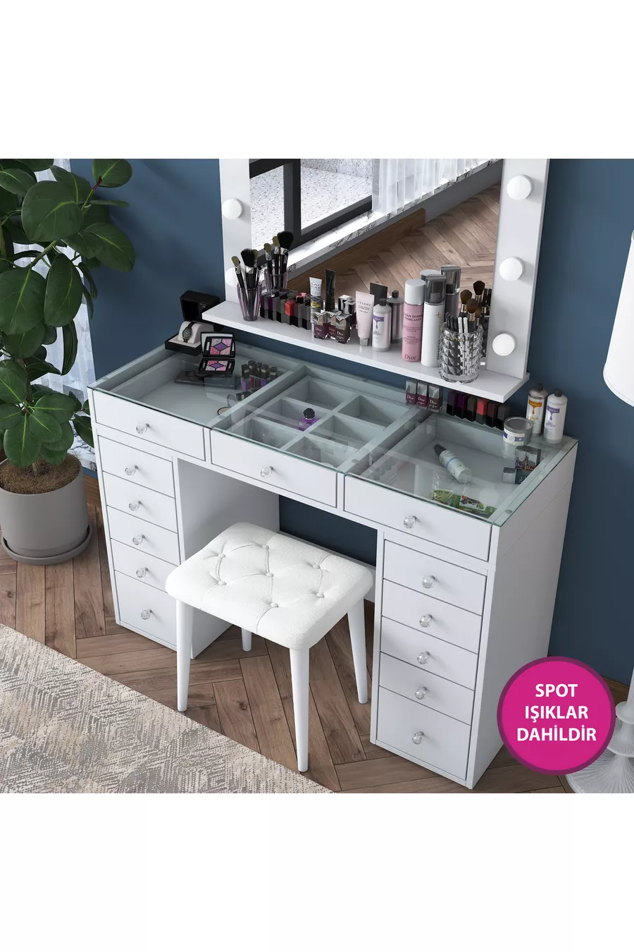 Rani Coiffeuse de Coulisses avec Miroir et Lumières de Style Hollywood, Table en Verre, Organisateur de Bijoux, Ensemble Pouf, Blanc