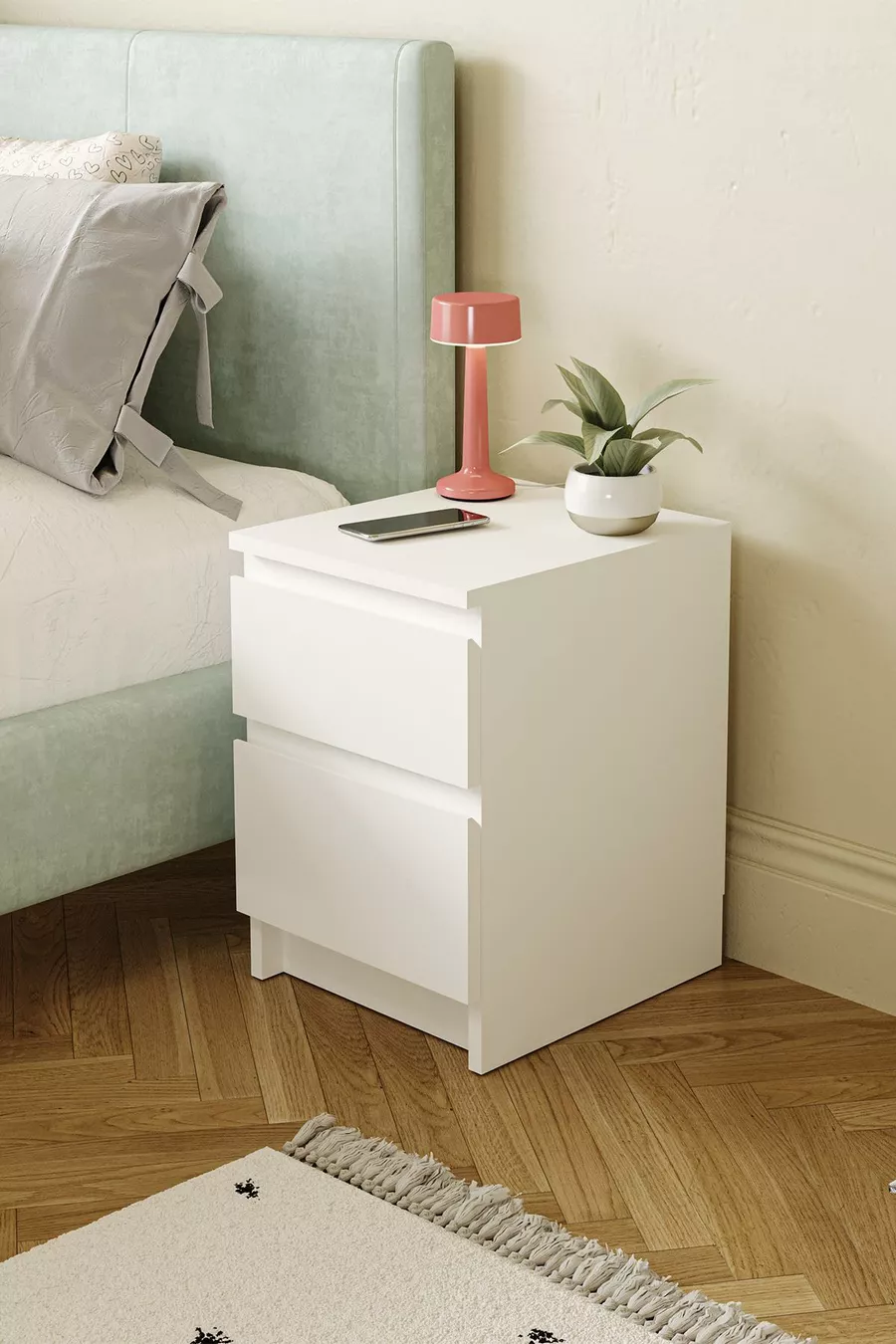 Table de chevet Derinkuyu à 2 tiroirs pour chambre à coucher, chambre de bébé, chambre d'adolescent, blanc