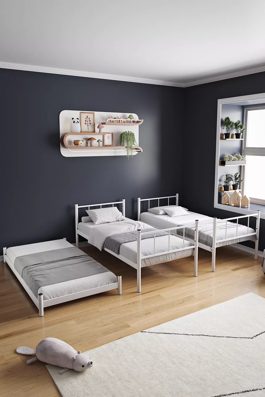 Lit superposé Tekno avec tiroirs, compatible lit, pour 3 personnes, en métal blanc