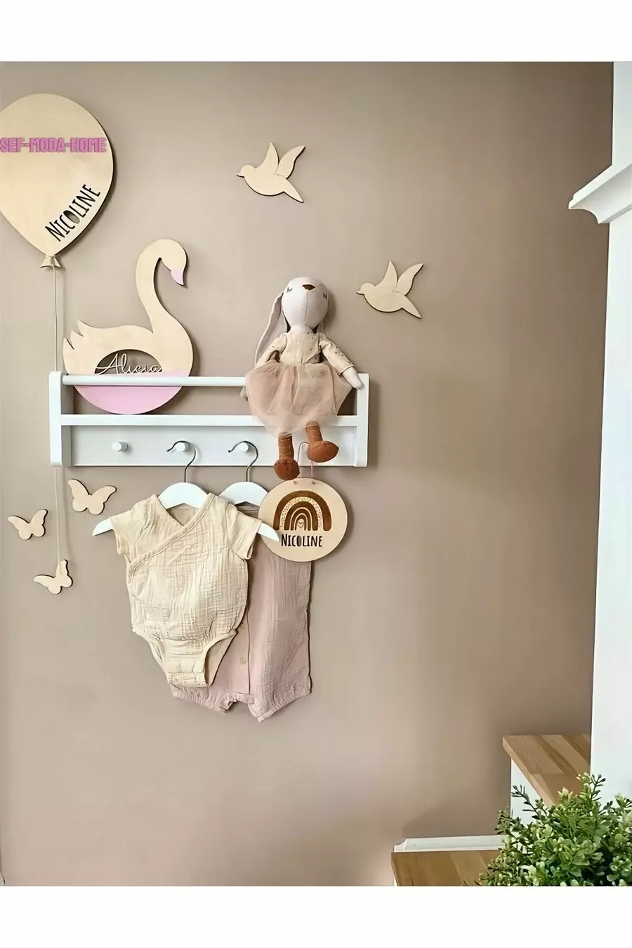 Étagère murale décorative en MDF Montessori avec crochets, bibliothèque blanche