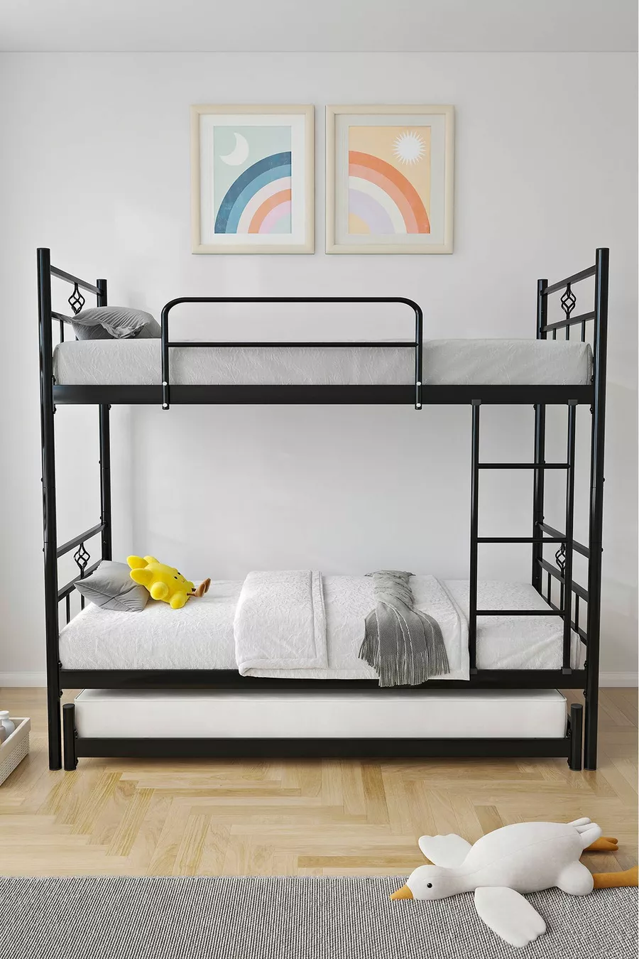 Koza Loft Bunk Bed Compatible with Mattress, 3-Person Black Metal Bunk Bed