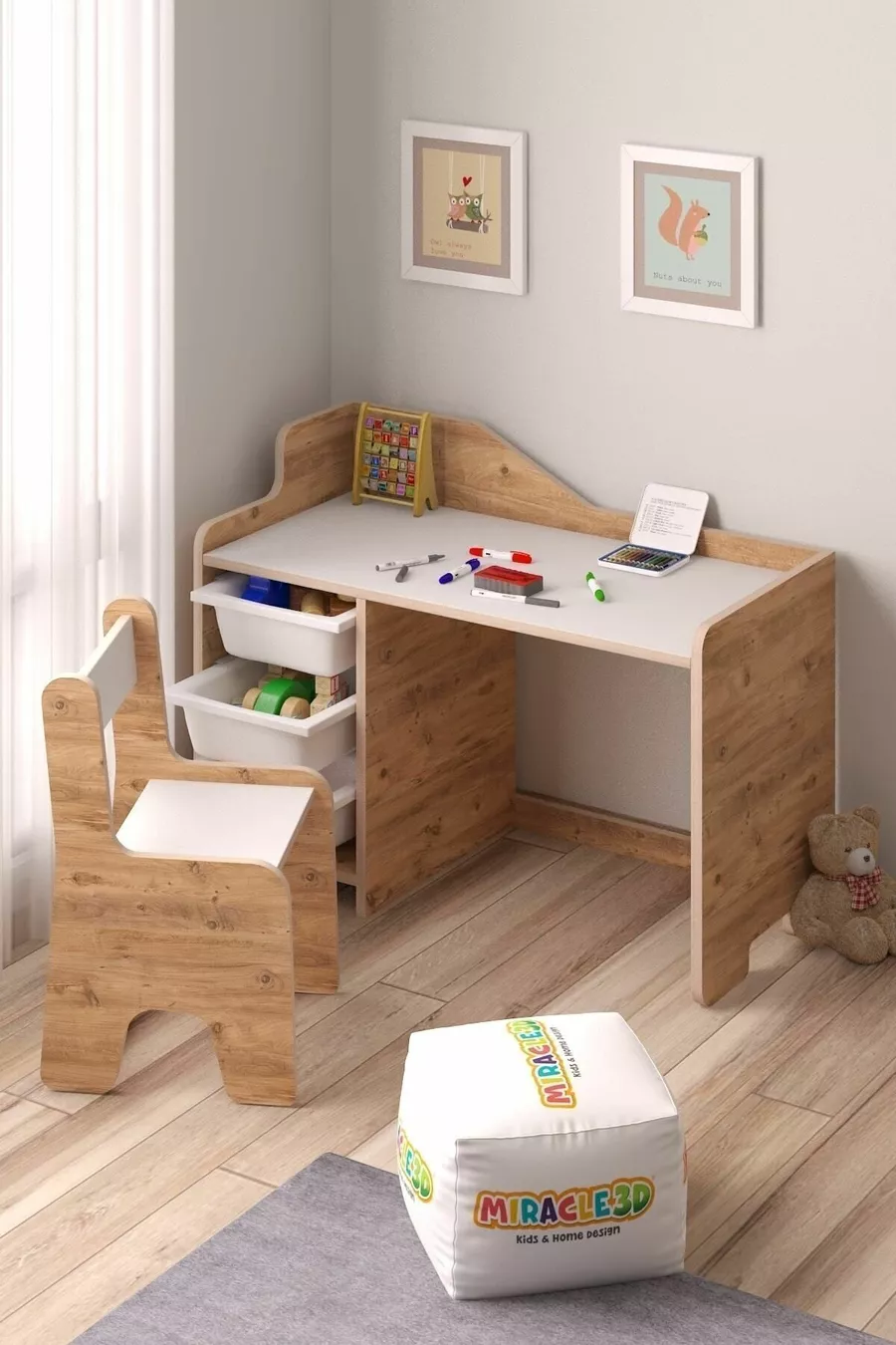 Table d'activités pour enfants avec 3 paniers et chaise avec dossier