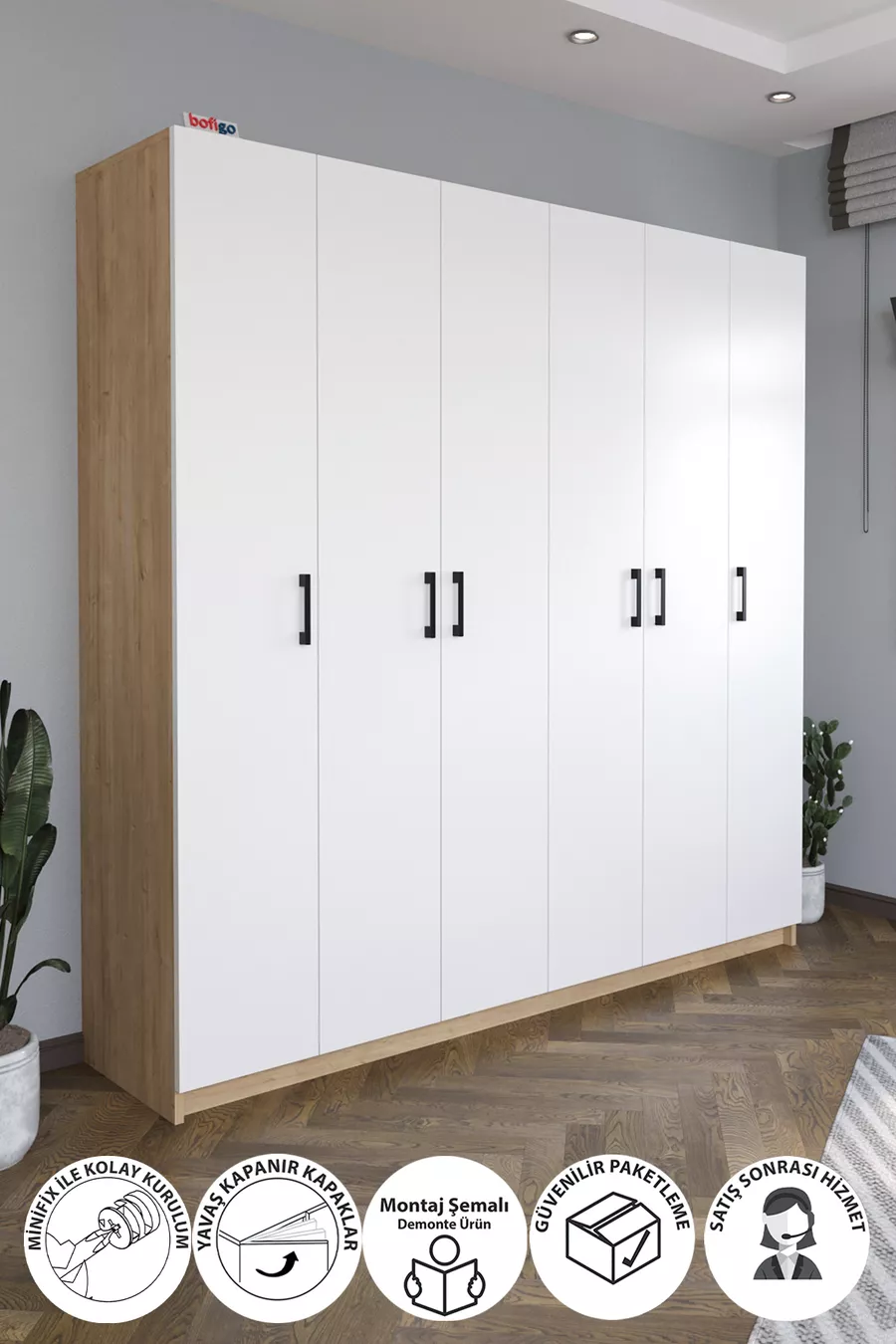 6 Kapaklı  Raflı Gardırop Elbise Dolabı 6 Kapaklı Gardırop Smyrna Safir Meşe Beyaz