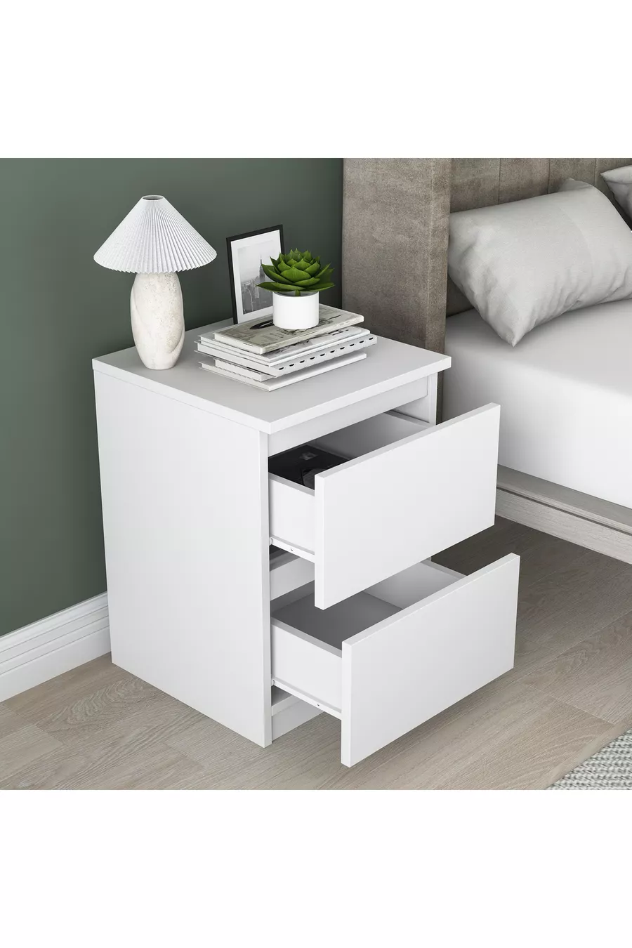 Table de chevet Rani pour chambre à coucher avec 2 tiroirs, blanche