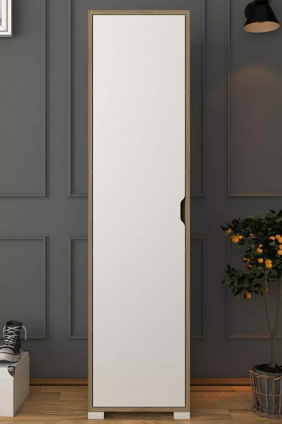 Nisan  cm Lichtnotenhouten-witte 5-planken voorraadkast met enkele deur voor badkamer en kledingkast - Garderobekast
