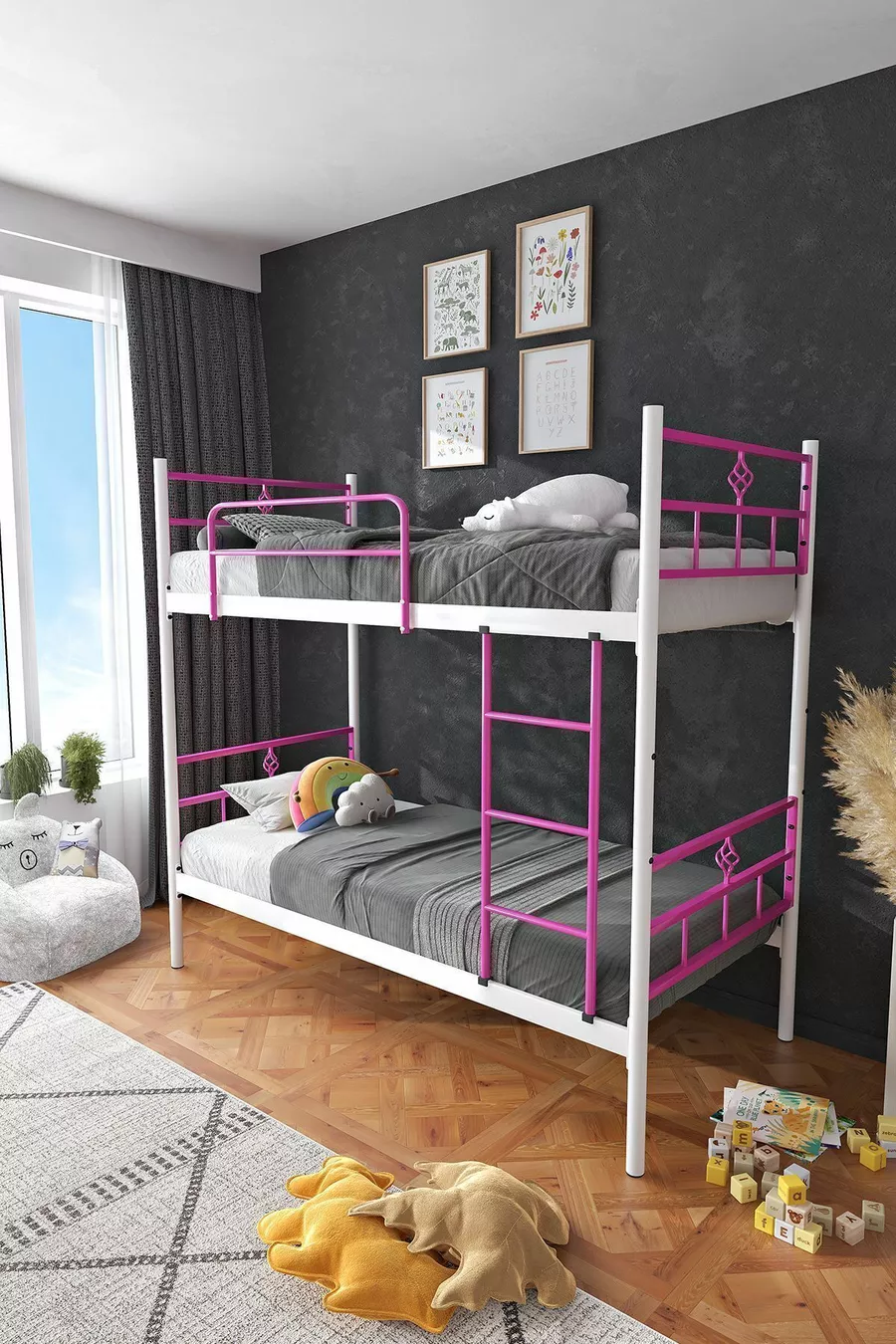 Letto a Castello Koza Ranza Compatibile con Materasso Rosa Scuro con Rete Metallica Separabile