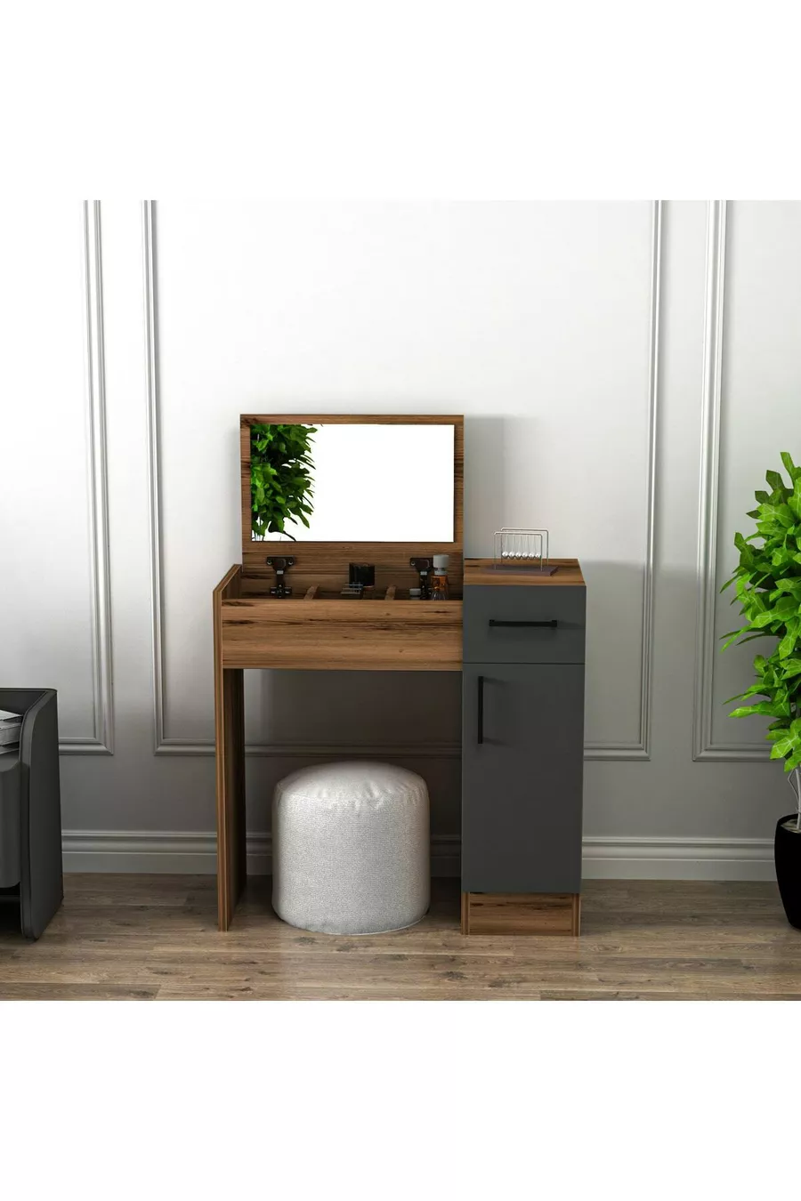 Make-up tafel met spiegel en kast, kleur walnoot, antraciet - Inci met 4 verschillende kleurkeuzes