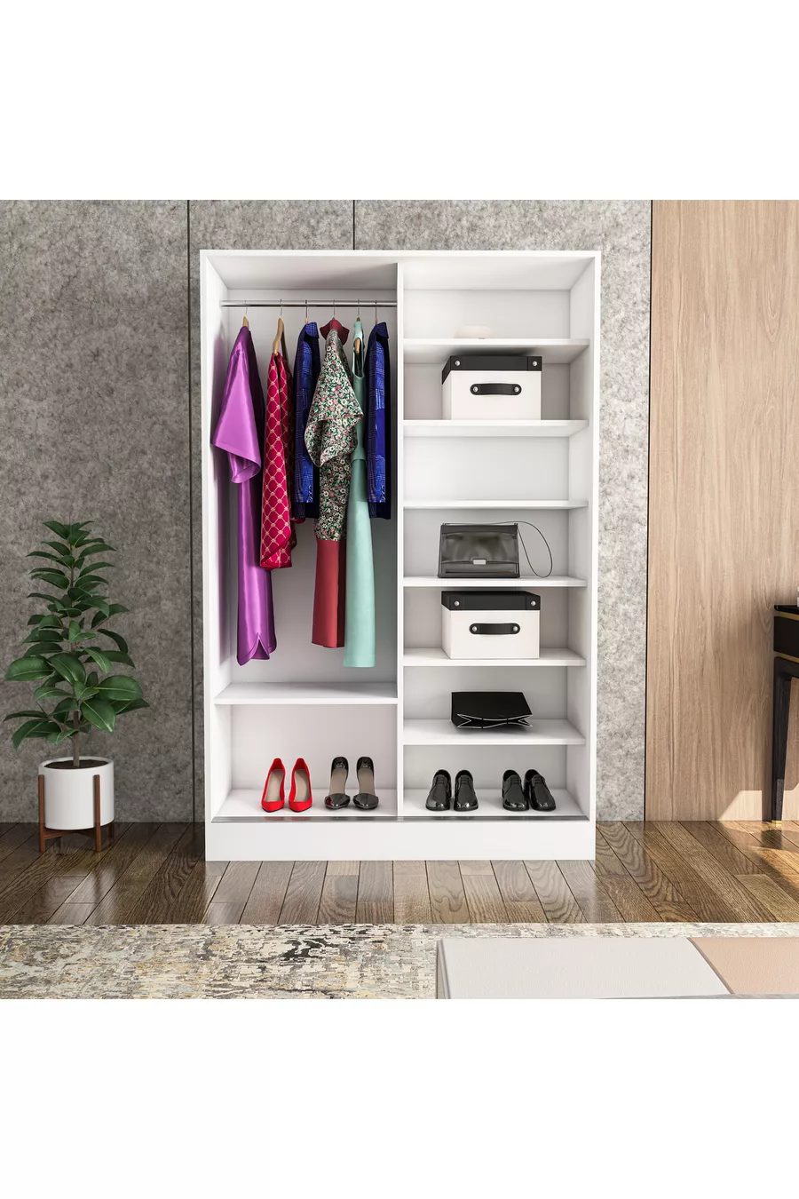 Berceste White 2-Sliding Door Mirrored 8-Section Wardrobe Closet