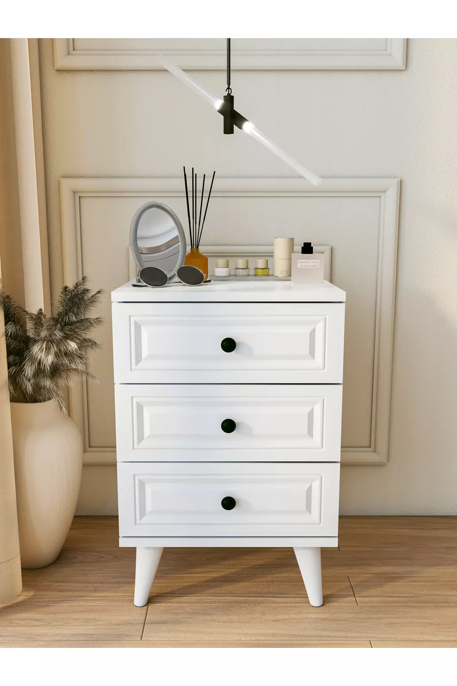 Table de chevet blanche brillante à 3 tiroirs de style campagne pour chambre à coucher