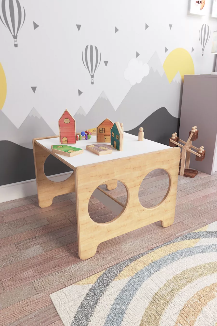 Table de jeu, d'activités et de travail Montessori pour enfants avec 2 chaises