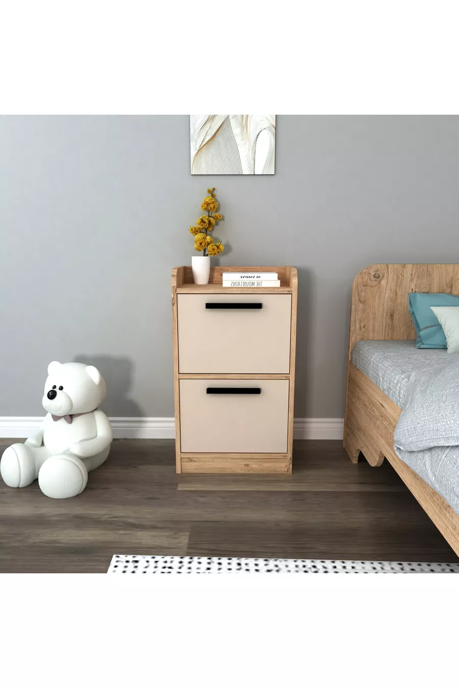 Table de chevet moderne pour chambre d'adolescent à 2 tiroirs Luses, pin de l'Atlantique beige - Luses