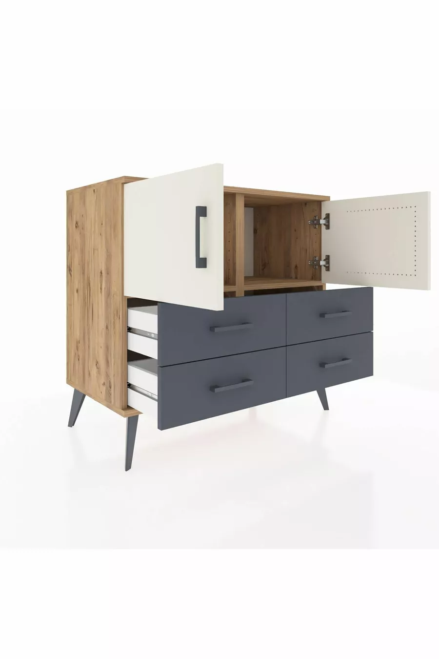 Commode Hyperion 2 étagères 4 tiroirs 2 portes Pin-Marbre/Anthracite