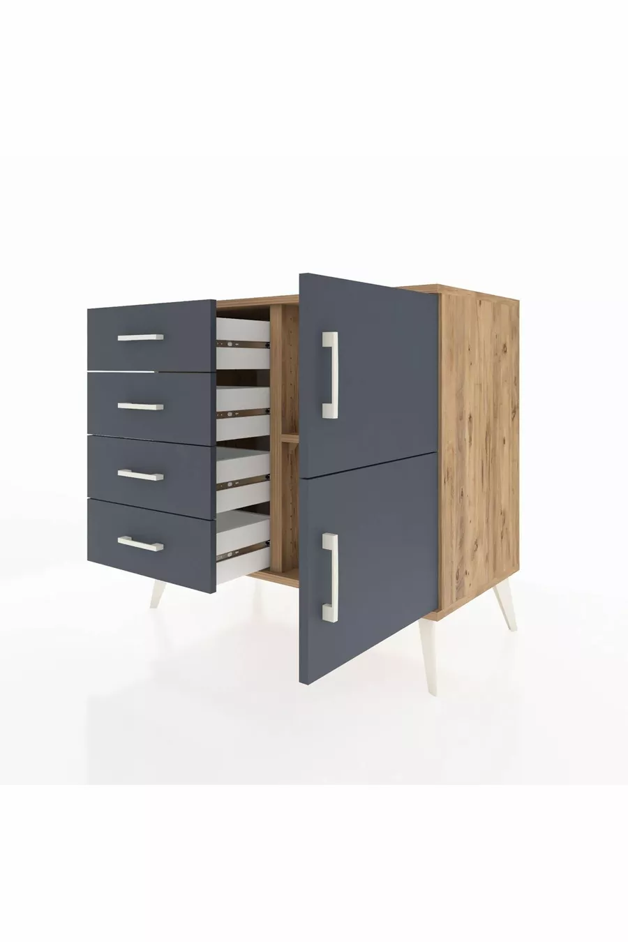 Commode Hyperion à une étagère, 4 tiroirs, 2 portes, pin-anthracite