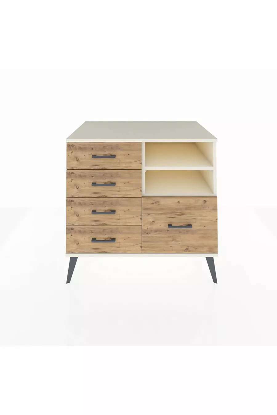 Kronos Dresser with 2 Shelves and 5 Drawers, Moonstone/Moonstone/Pine