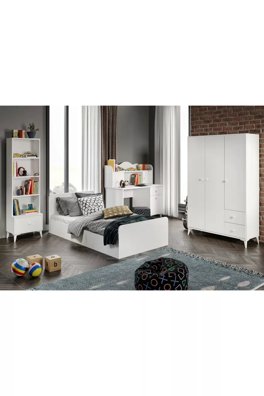 Ensemble chambre d'adolescent moderne Akasya blanc - 4 pièces et entièrement en MDF de première qualité
