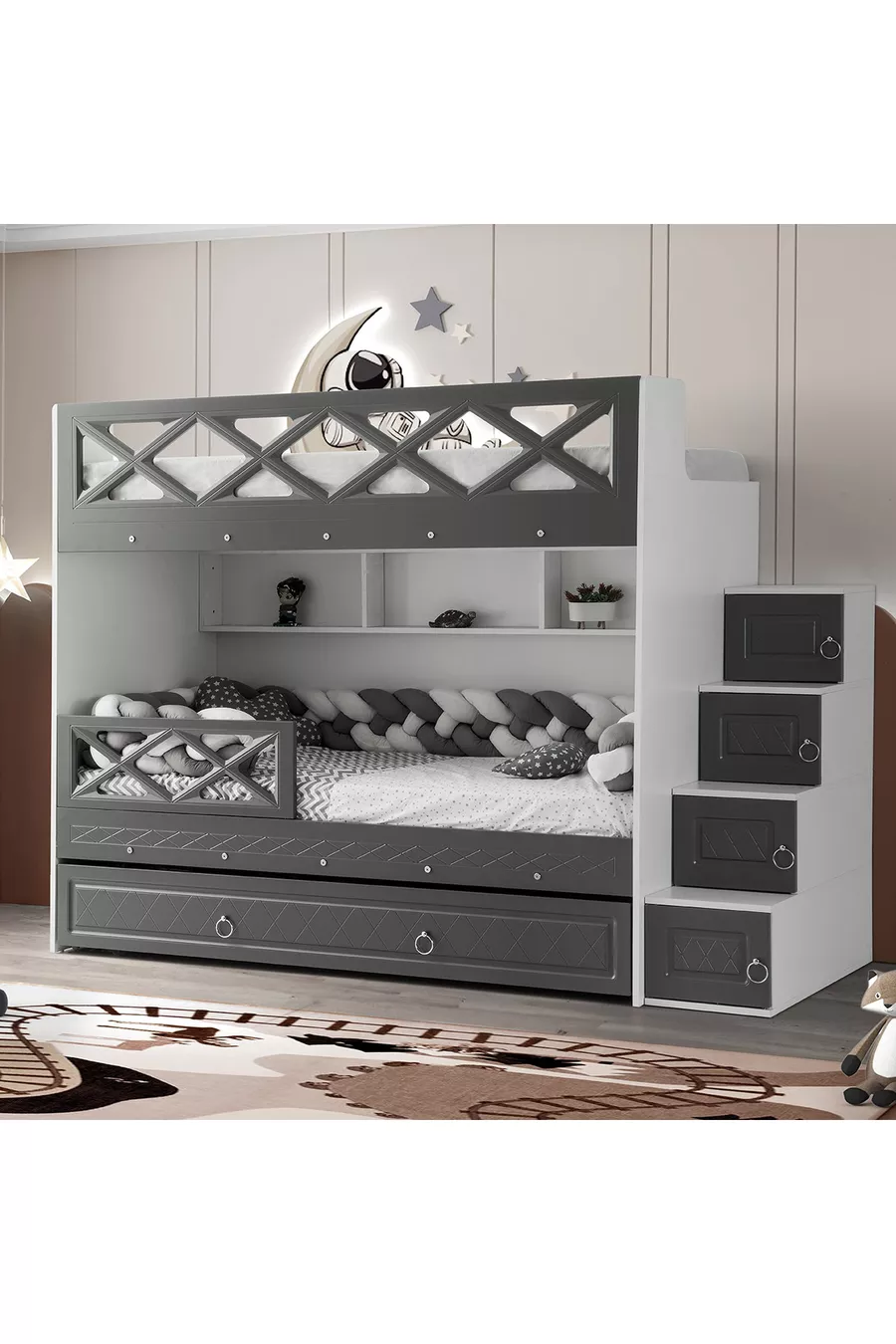 Lits superposés Mars avec tiroirs, anthracite & blanc, structure en acier avec revêtement en membrane, 100% MDF