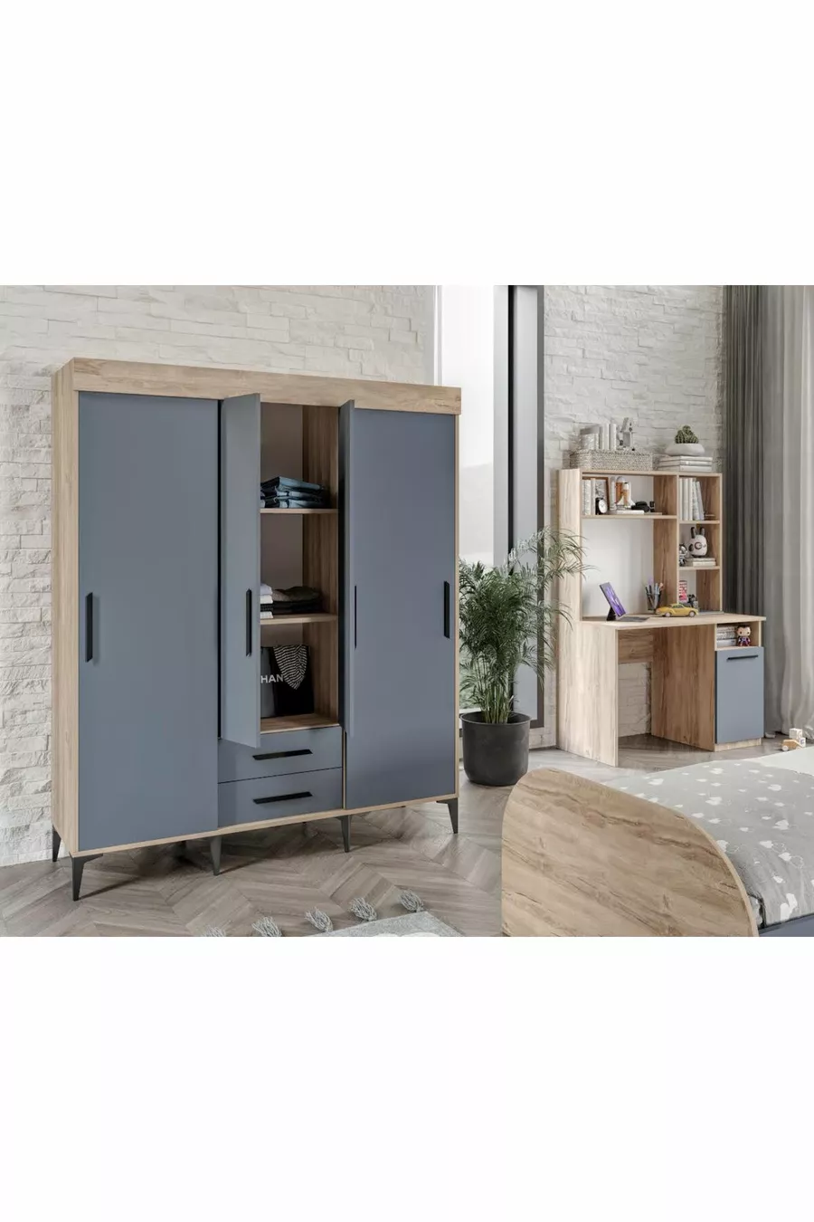Ensemble de chambre d'enfant Izmir entièrement en MDF Flora et anthracite