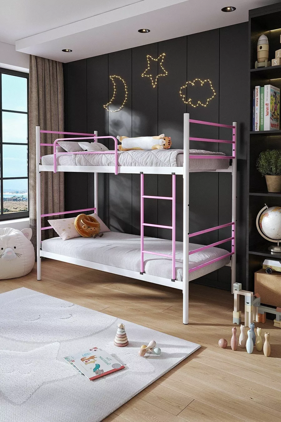 Trend Bunk Bed Compatible with Mattress Light Pink Detachable Metal Bunk Bed Frame