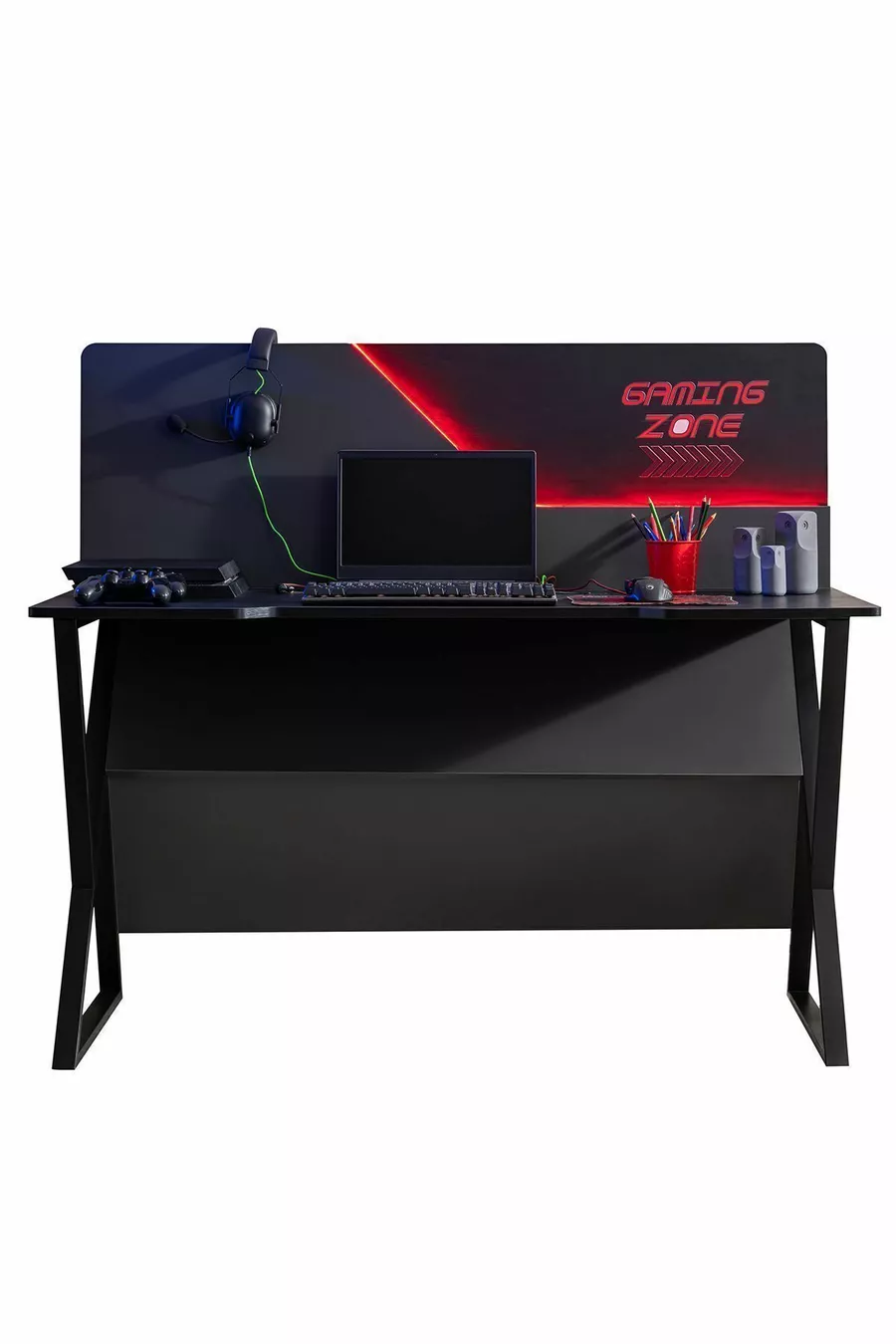 Chambre d'ado avec thème gamer - Armoire à 2 portes, Lit, Table de chevet, Bureau
