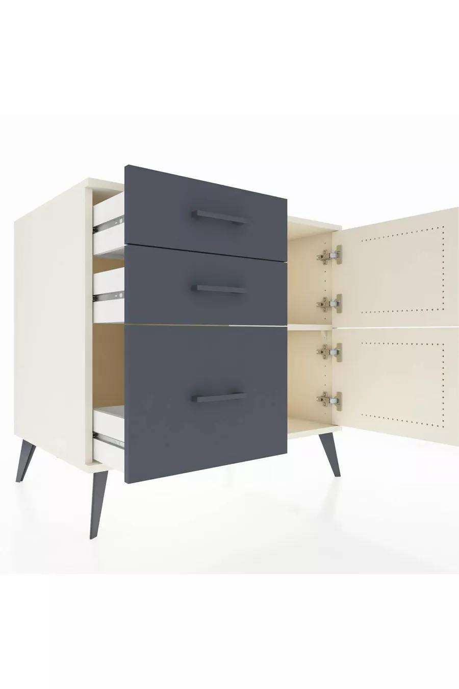Commode Kronos à un seul étagère, 3 tiroirs, 2 portes, Albâtre/Anthracite