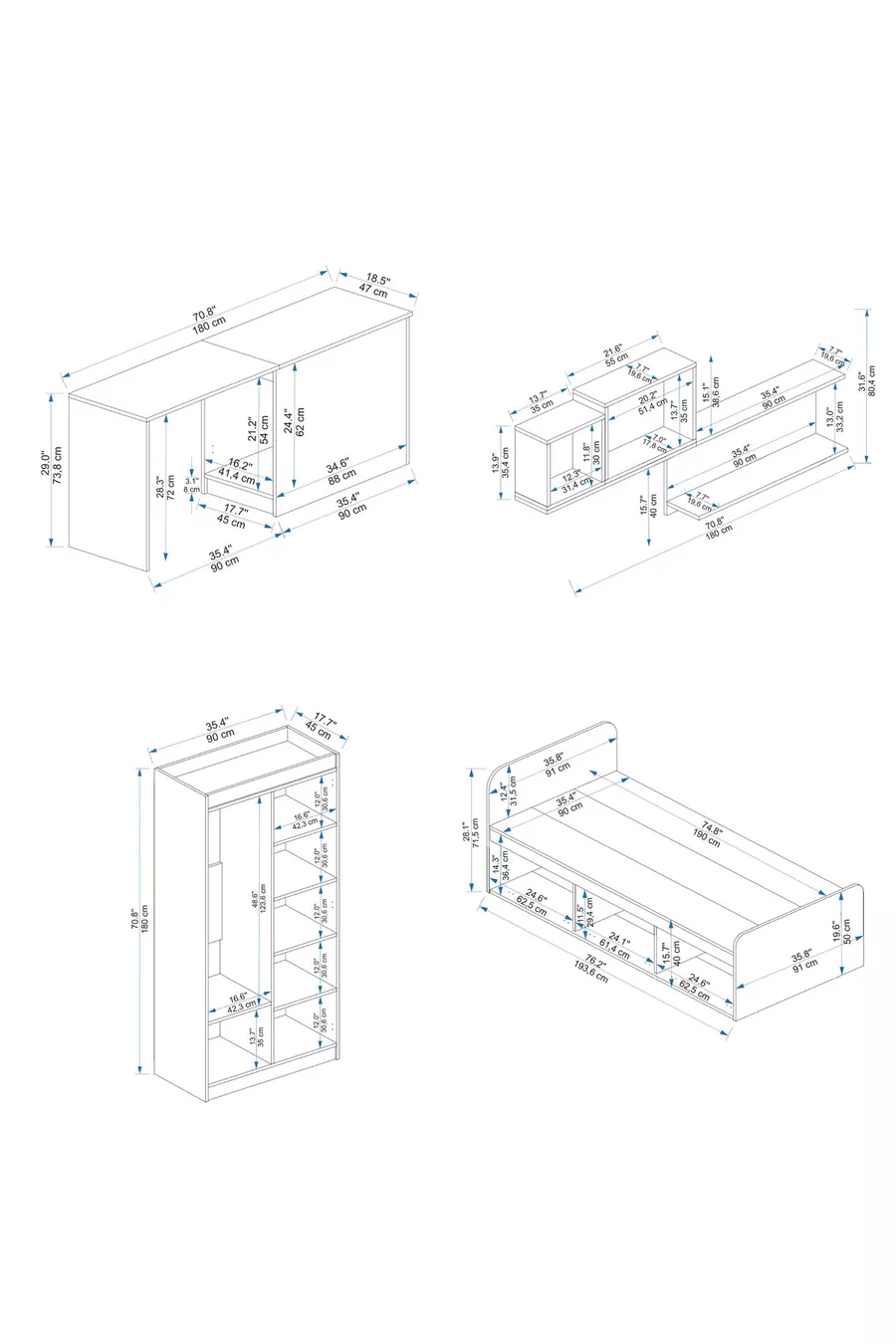 Akser Jongenskamer 4-delig Set – Wit (Bureau, Bed, Kast, Wandplank)