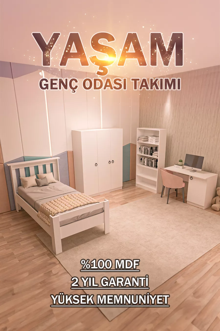 4-teiliges weißes MDF-Jugendzimmer-Set (Bett, Kleiderschrank, Bücherregal und Schreibtisch)