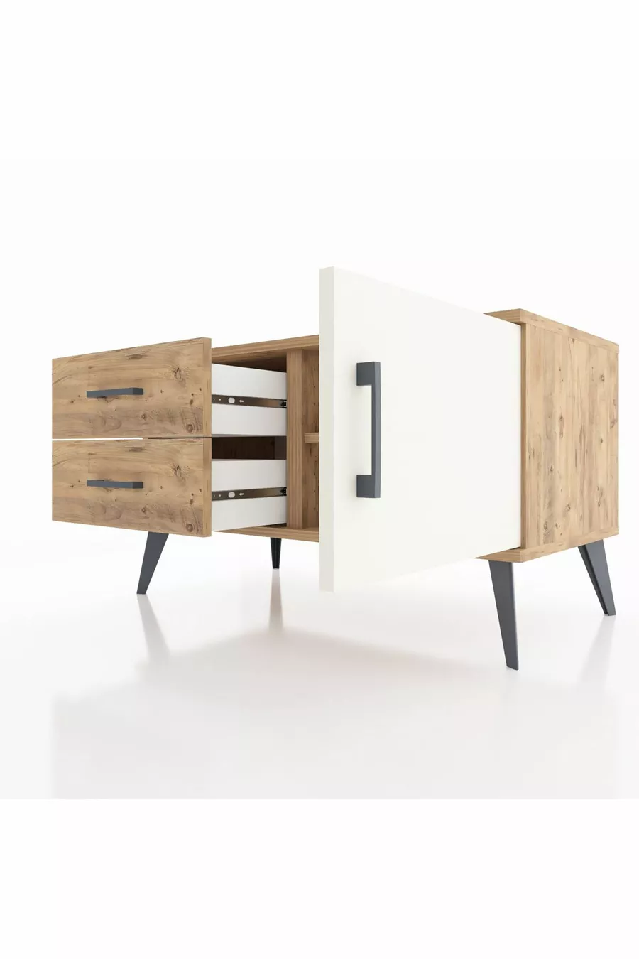 Commode Hyperion avec une étagère, 2 tiroirs et une porte, pin-pierre d'onyx/pin