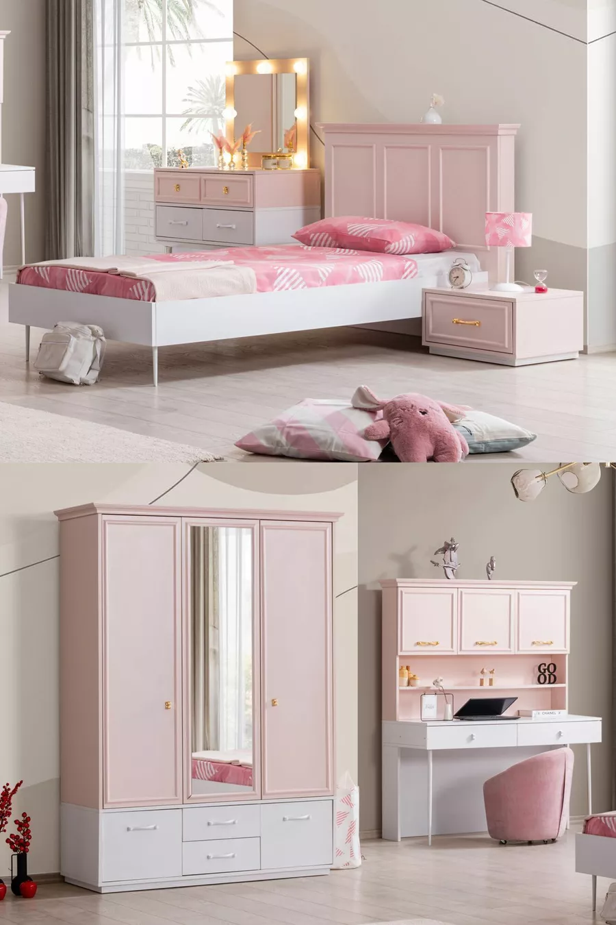 Camera da letto rosa per ragazza - Armadio a 3 ante, Letto, Comodino, Scrivania, Cassettiera
