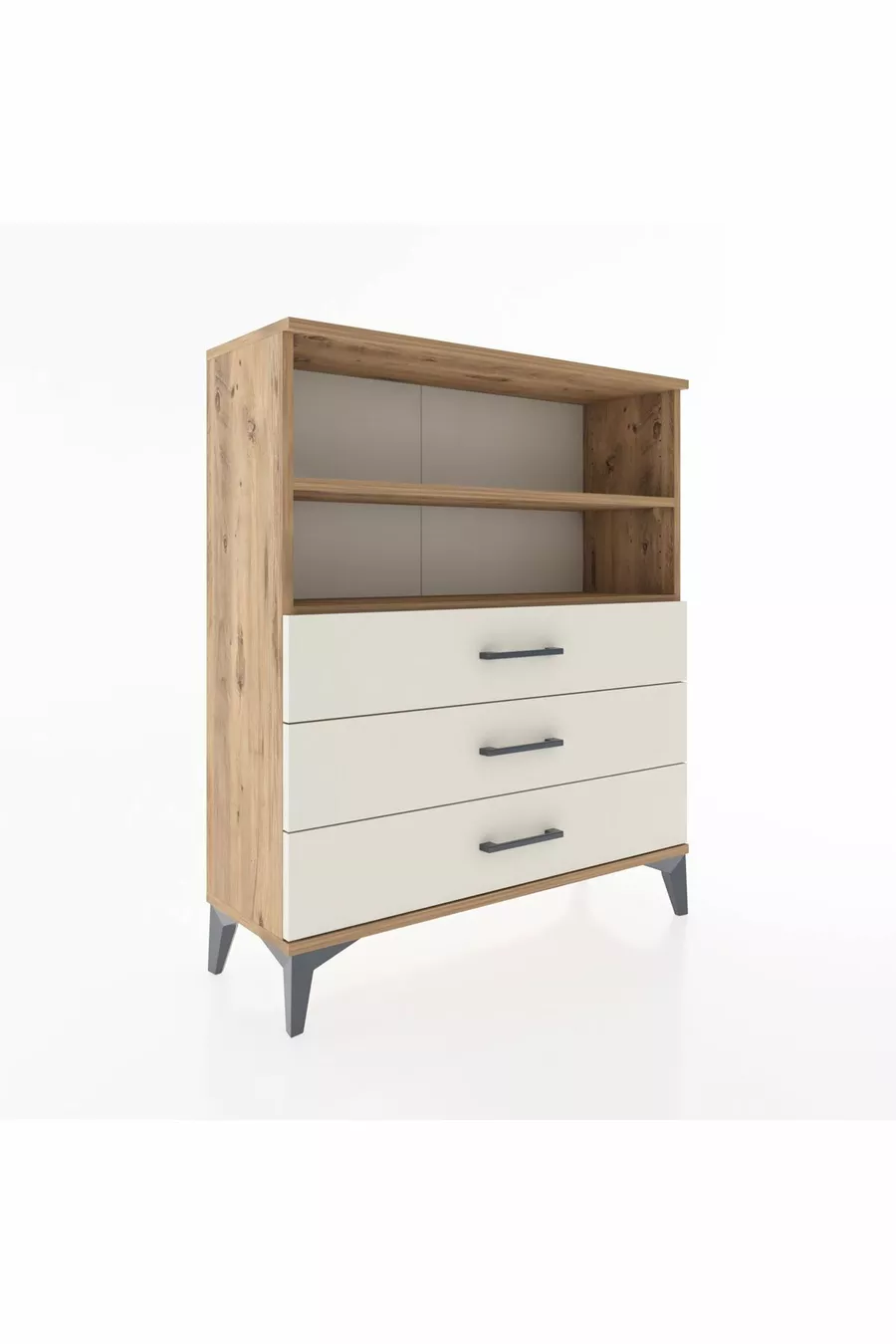 Commode Arges 2 étagères 3 tiroirs Pin-Pierre de lave