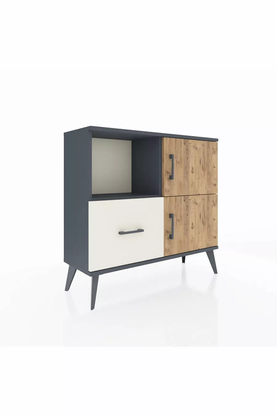 Commode Arges avec 2 étagères, 1 tiroir, 2 portes Anthracite-Sapin/Pierre de lune