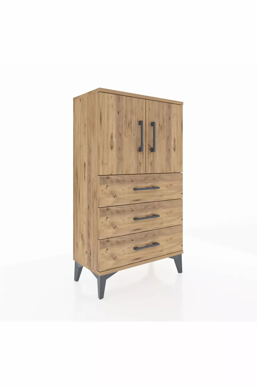 Chevet Arges avec 2 étagères, 3 tiroirs et 2 portes, pin-pin