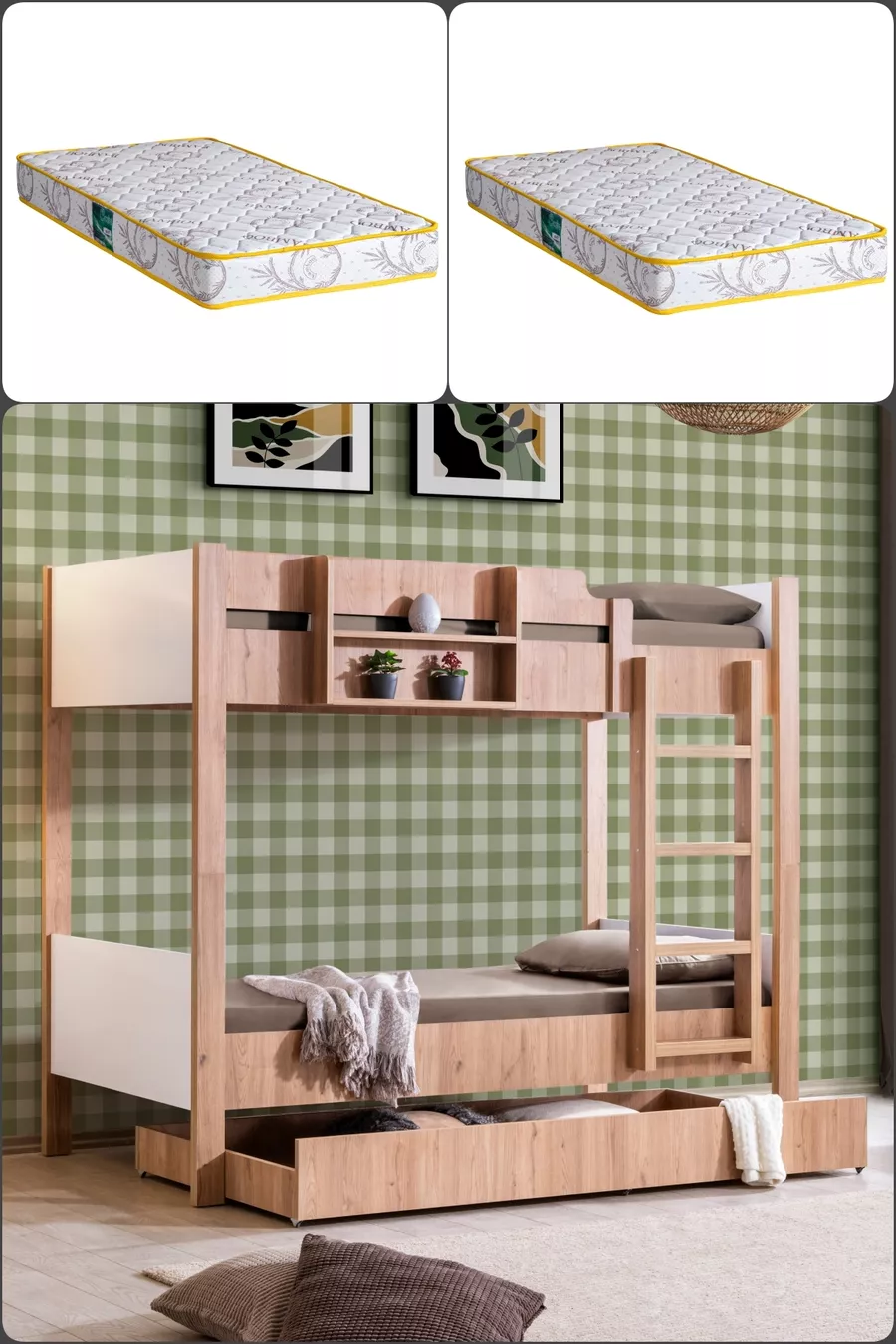 Bunk Bed, Asia Detachable Bunk Bed with Trundle, Walnut - White + 2 Comfort Mattresses