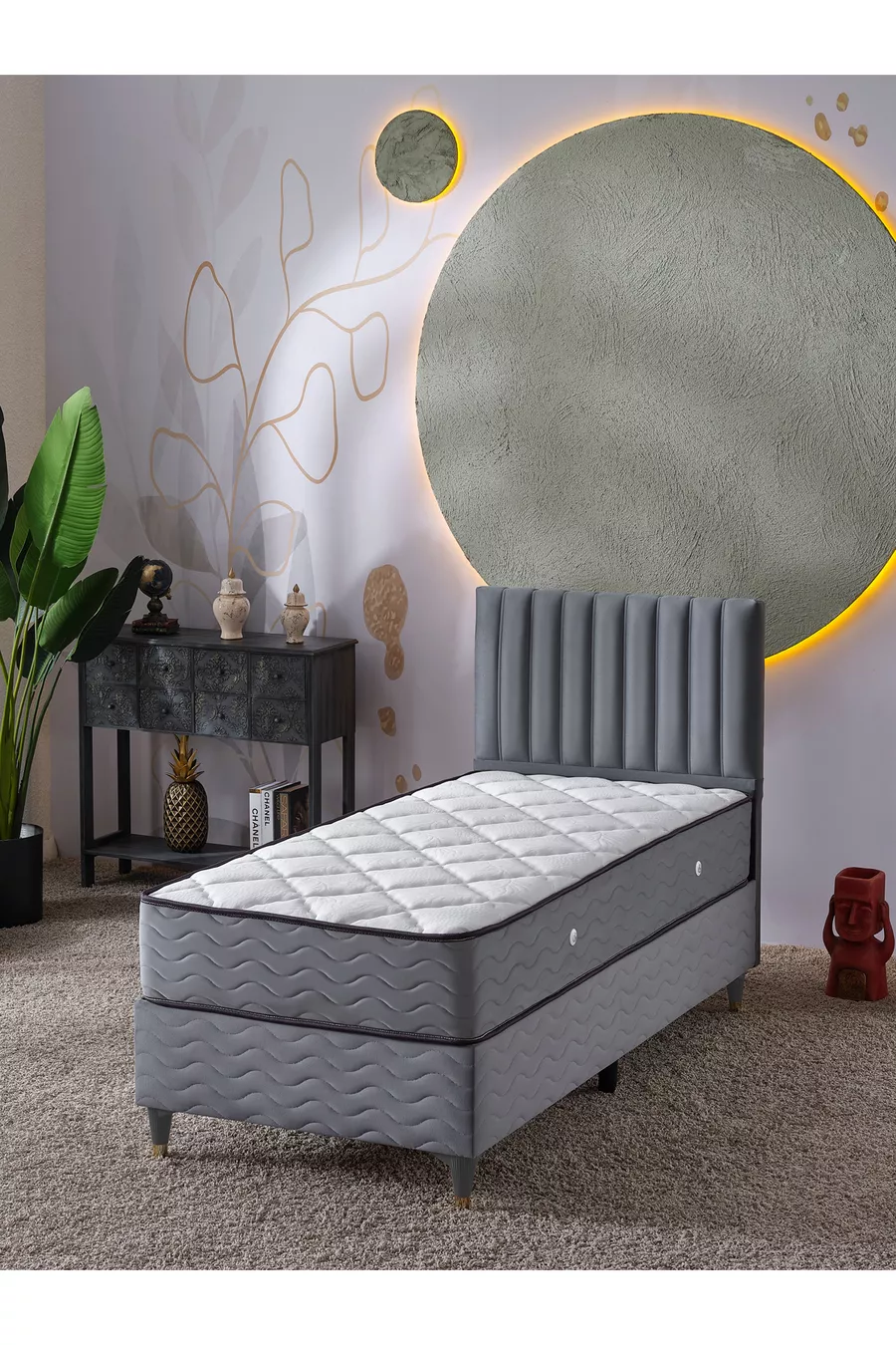 Ezgi Set Singolo (Rete+Testiera+Materasso) 3 Pezzi (Grigio)