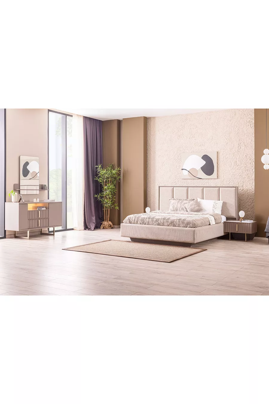 Camera da letto con letto e finiture latte