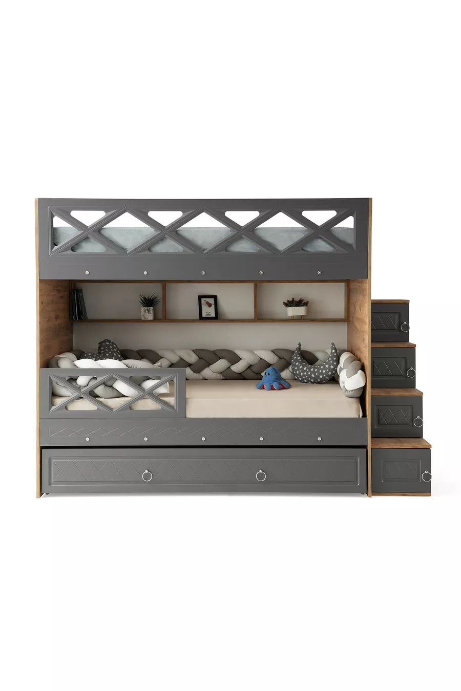 Mars Loft Bed with Storage, Anthracite & Wood, Steel-Supported Membrane Coating MDF