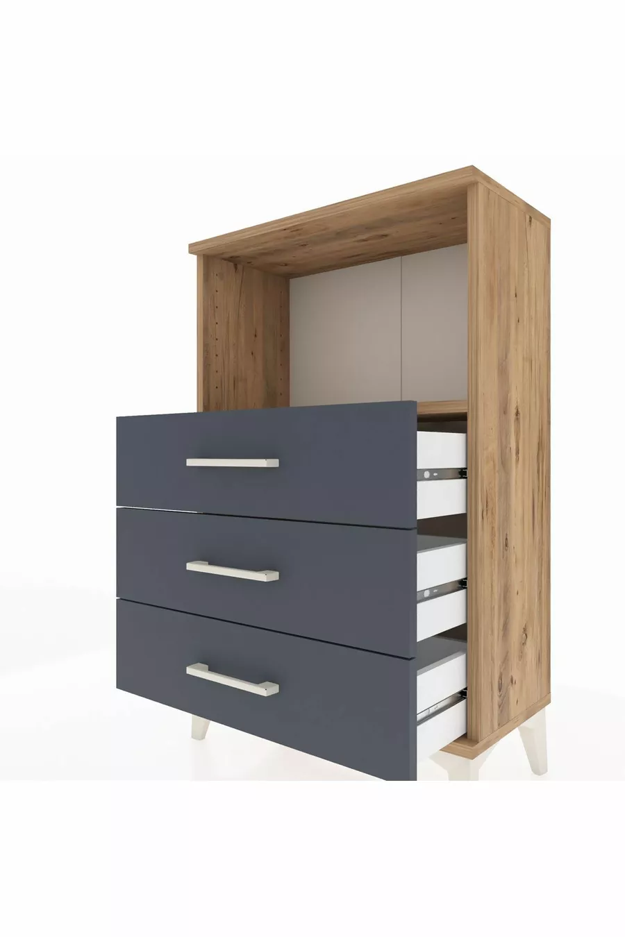 Table de chevet Arges avec une étagère et 3 tiroirs, pin-anthracite