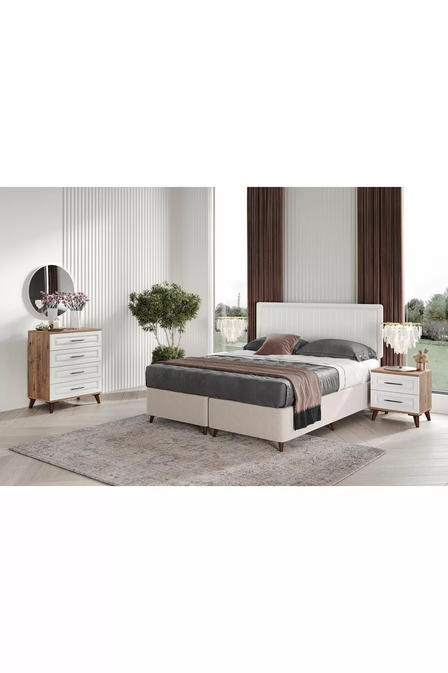 Camera da letto completa in MDF Sport con 6 ante, pino atlantico-bianco (con base)