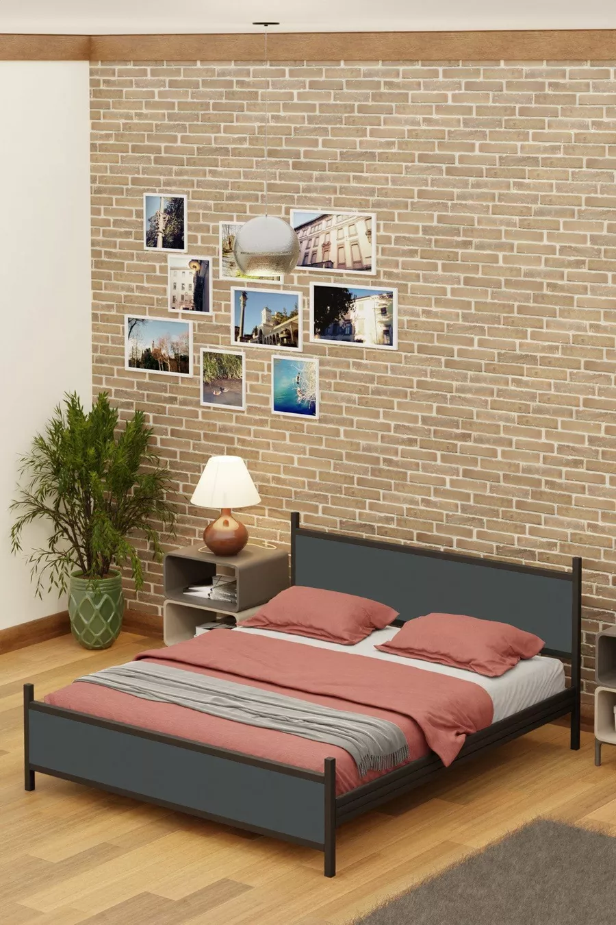 Letto Matrimoniale Moderno in Legno e Metallo Nero Antracite Grigio