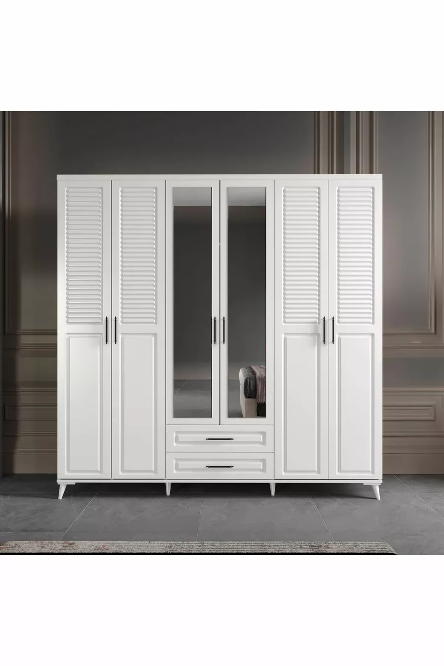 طقم غرفة نوم أبيض كامل من MDF مع 6 أبواب، تركيب مجاني