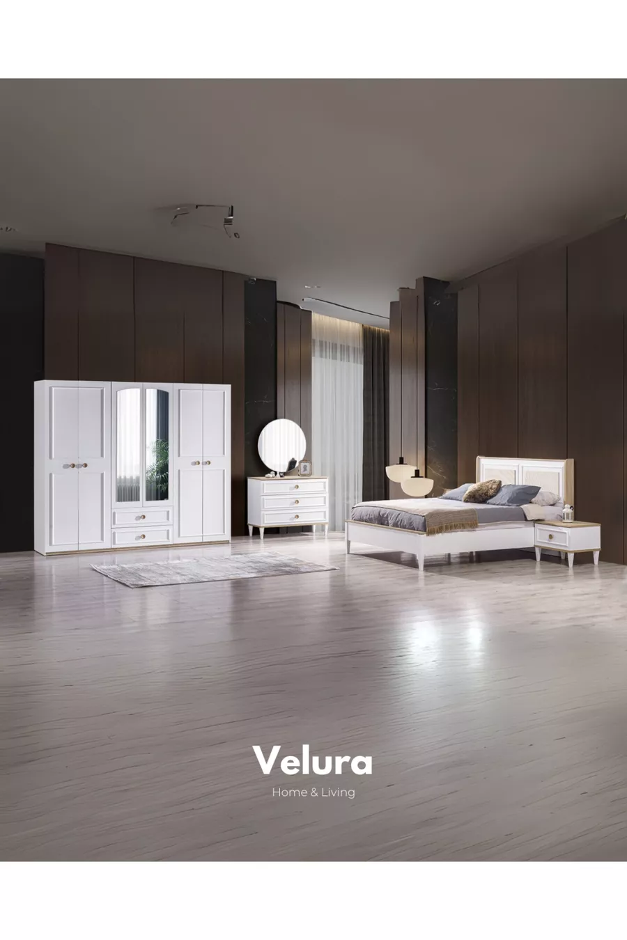 Set camera da letto in legno (Armadio + Comò + Comodino + Letto)