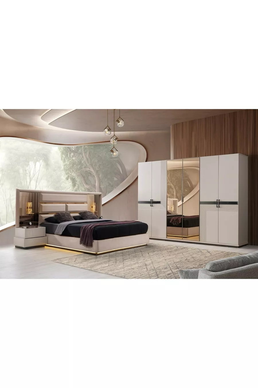 Camera da letto EMİR con base e LED in MDF