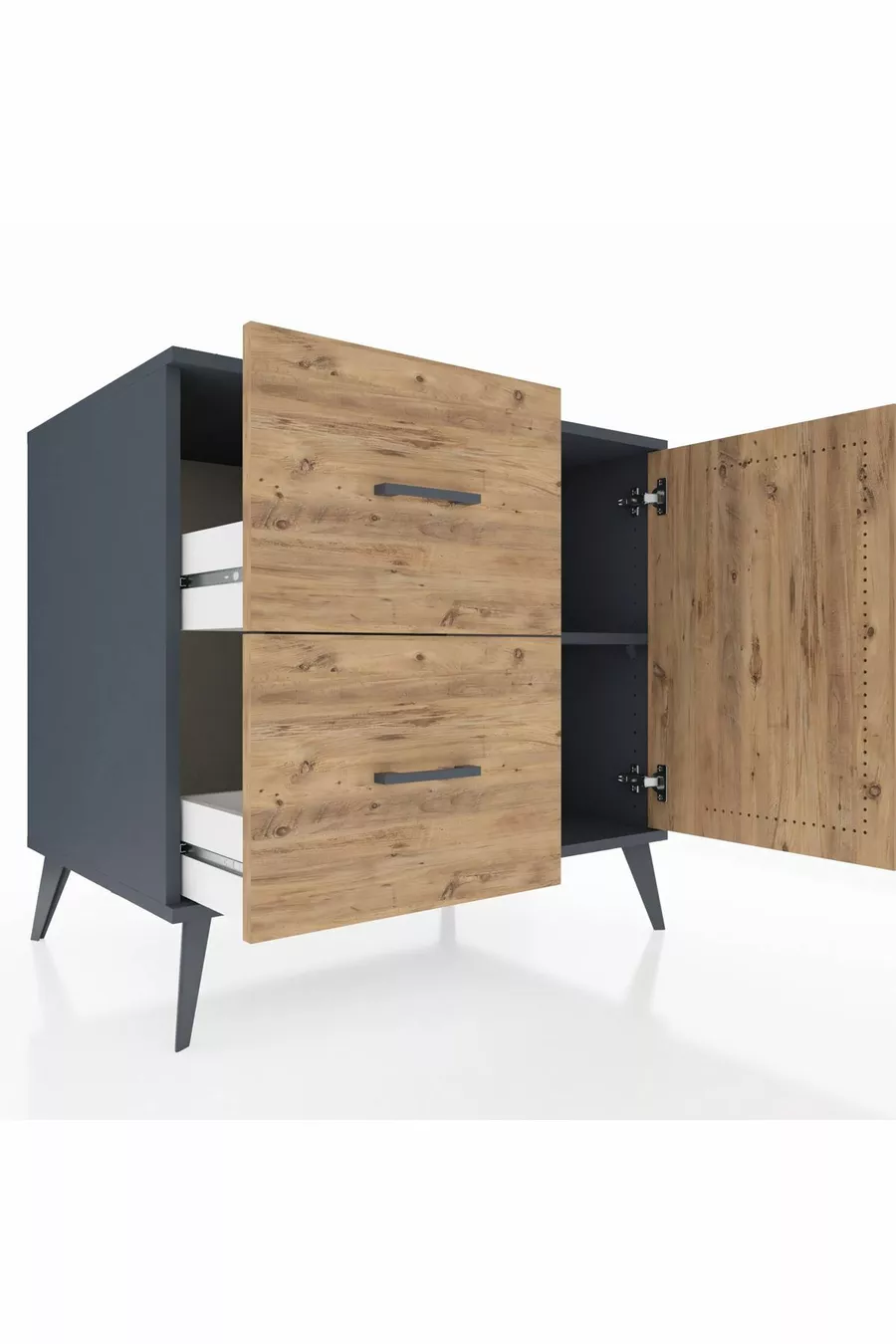 Commode Kronos avec une étagère, 2 tiroirs et une porte, Anthracite-Pin