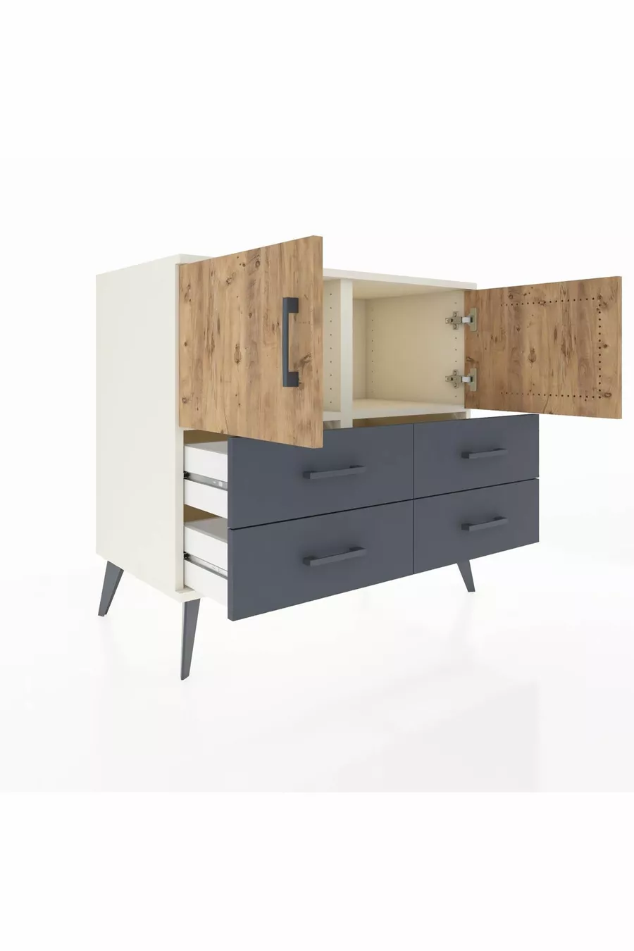 Commode Hyperion 2 étagères 4 tiroirs 2 portes Pierre de Lune-Sapin/Anthracite