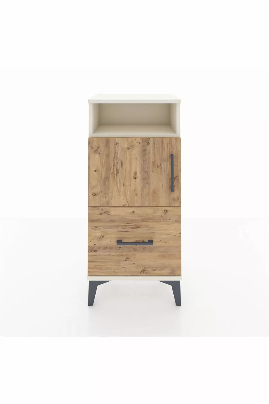 Chevet Arges avec 2 étagères, 1 tiroir et 2 portes, coloris Pierre de Lune-Pin