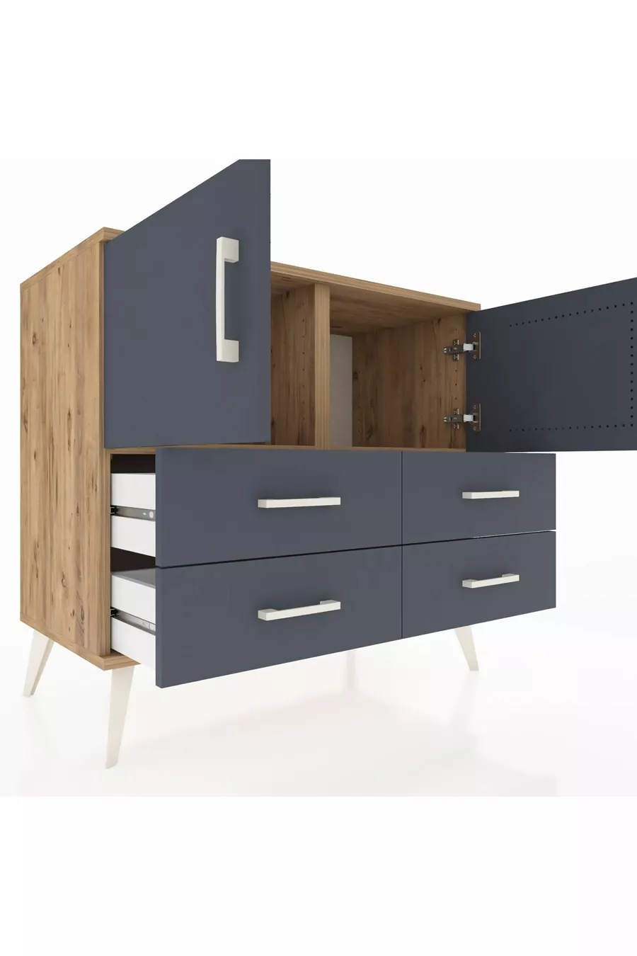 Commode Hyperion 2 étagères 4 tiroirs 2 portes Pin-Anthracite