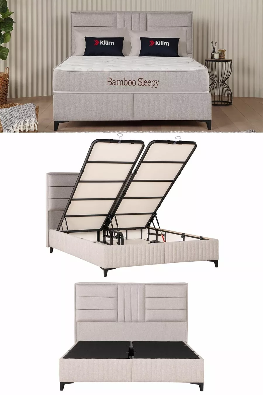 Bamboo Sleepy Bettgestell mit Stauraum und Kopfteil Set Beige (BETT NICHT INKLUSIVE)