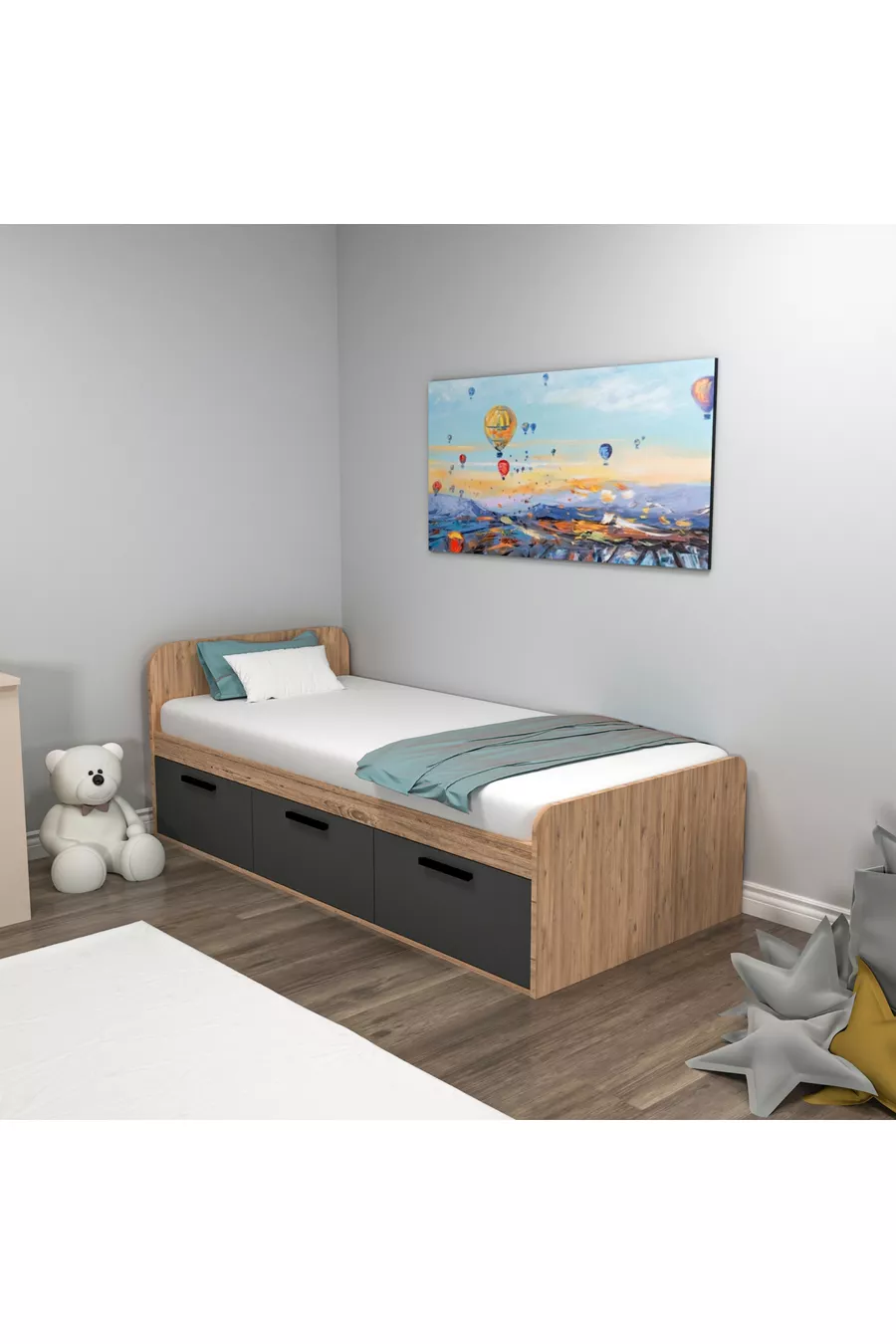 Кровать Akser Atlantic Pine Anthracite – Подходит для односпальной кровати, молодежная кровать с шкафом