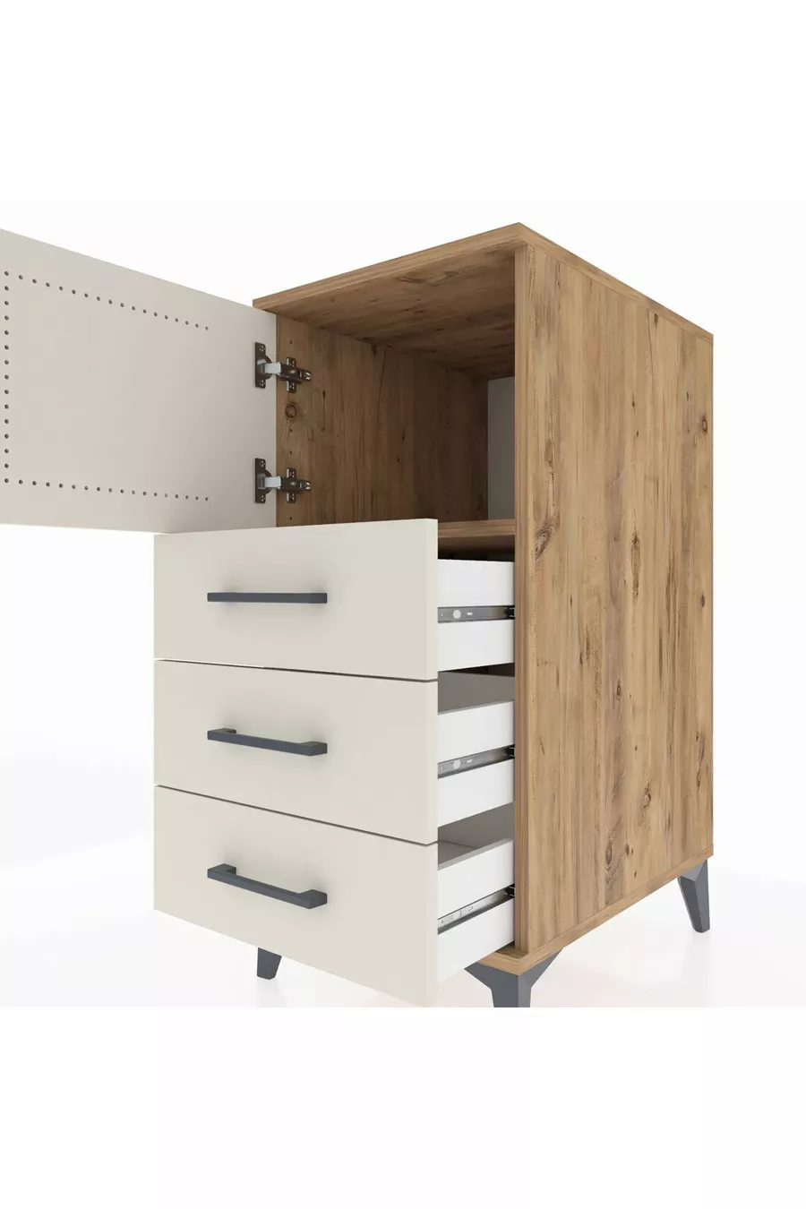 Table de chevet Kronos avec une étagère, 3 tiroirs et une porte, pin-gris